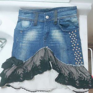 Denim Jeans Skirt Flare Mermaid Ombre Lace Studs